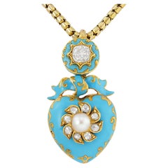 Antique A Victorian heart-shaped blue enamel pendant-necklace