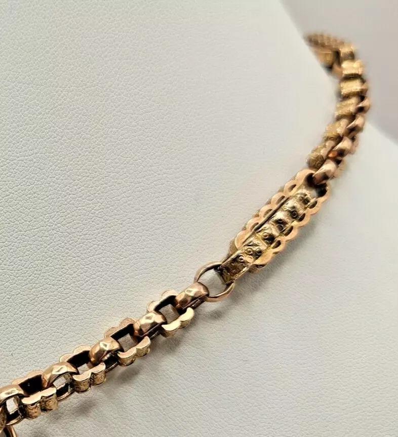 A Victorian 9ct Heavy Rose Gold Albert Watch /  Neck Chain 
With Fancy Links 42gr
This exquisite vintage Victorian 9ct heavy rose gold Albert watch chain is not to be missed. 
The T-Bar and swivel fob with an agate centre is another added detail