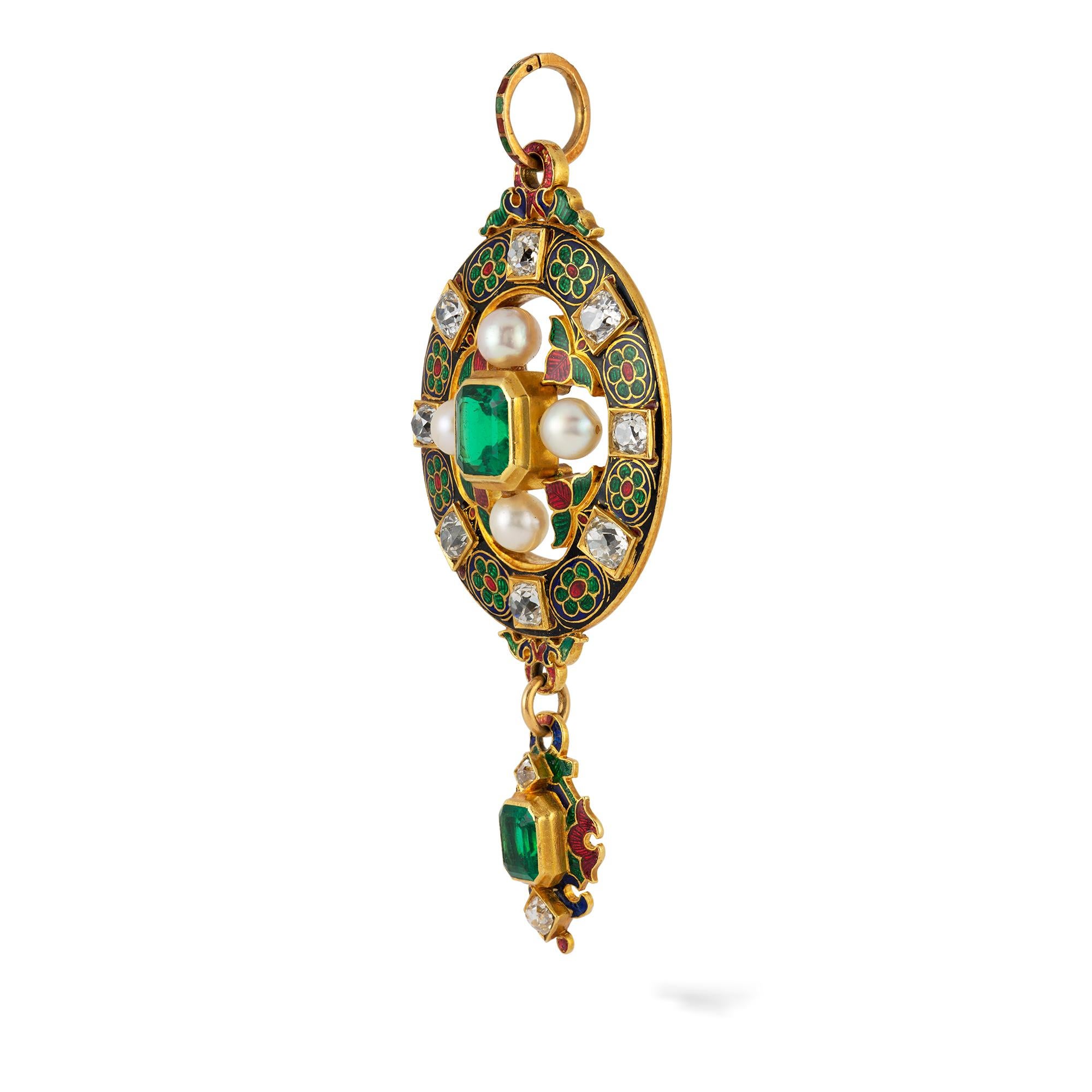 A Victorian Holbeinesque emerald, diamond and pearl pendant, to the centre a square-cut emerald estimated to weigh 1.75 carats, cross-set with four pearls with trefoil enamelled decorations in between, surrounded by a polychrome enamel frame