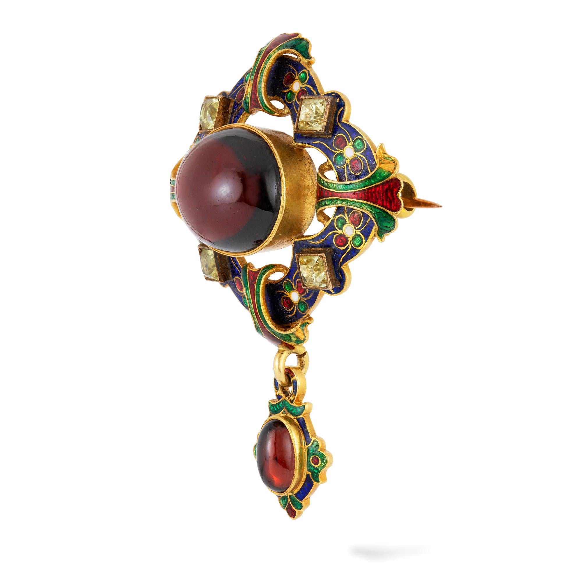 A Victorian Holbeinesque garnet and chrysoberyl brooch, to the centre an oval cabochon garnet measuring 14.5 x 12mm, surrounded by openwork scroll designed frame with polychrome champlevé enamel decorations, flanked by four square faceted