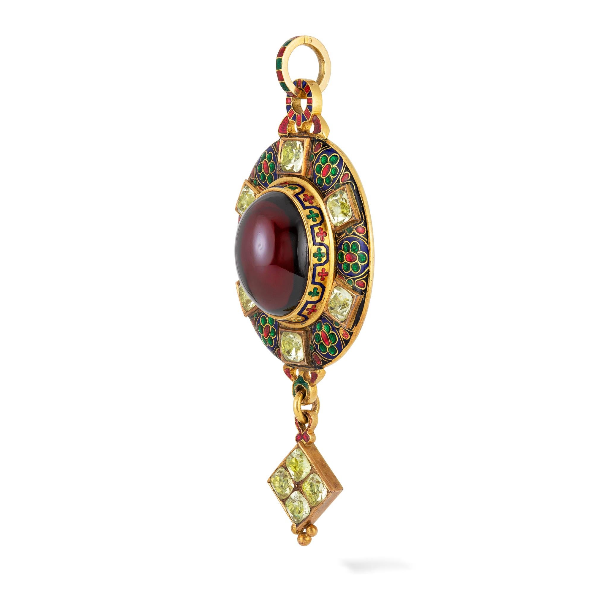 A Victorian Holbeinesque garnet and chrysoberyl pendant, to the centre an oval cabochon garnet measuring 18 x 14mm, surrounded by polychrome champlevé enamel frame, encrusted with six square-cut chrysoberyls, suspending a chrysoberyl-set drop, all