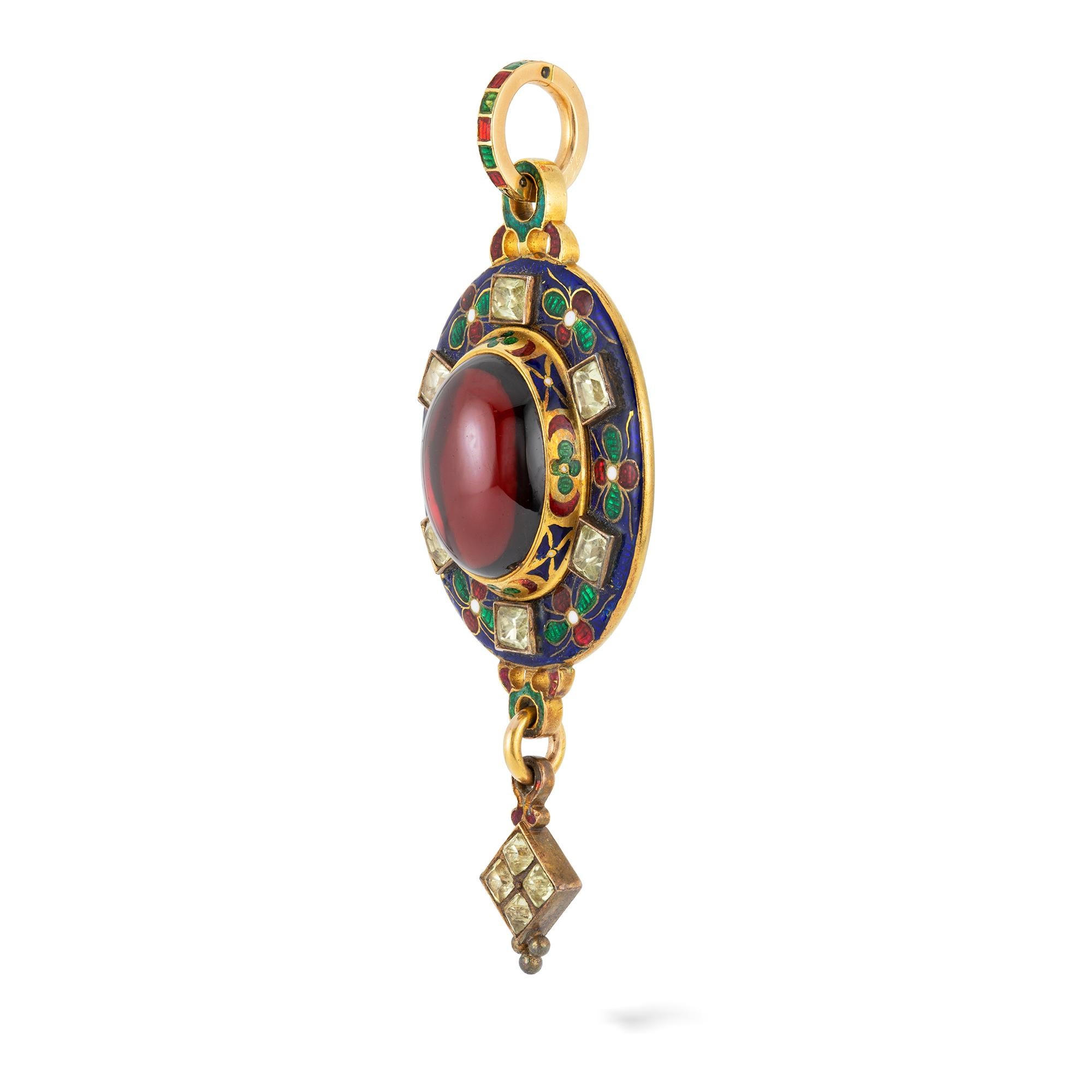 Pendente vittoriano Holbeinesque in granato e crisoberillo, con al centro un granato ovale cabochon di 14 x 11 mm, circondato da una cornice in smalto champlevé policromo, incrostato da sei crisoberilli a taglio quadrato, che sospende una goccia