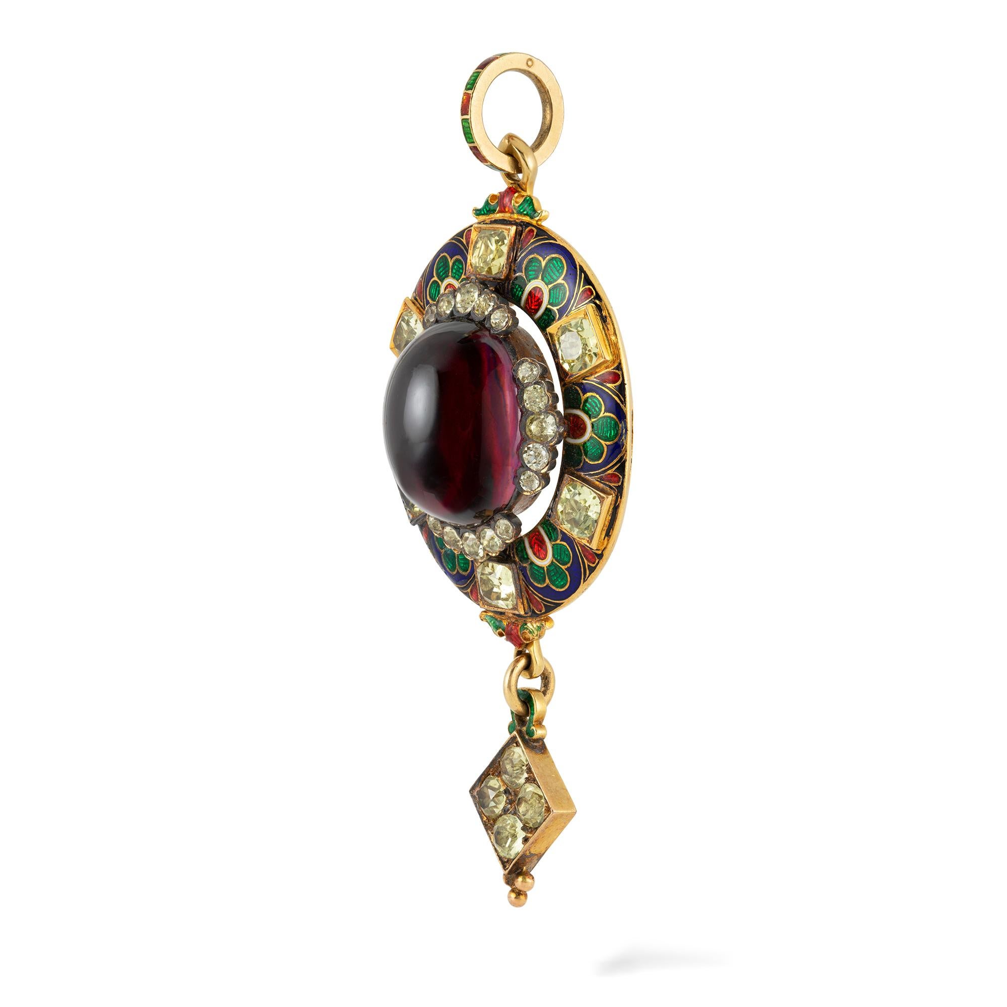 A Victorian Holbeinesque garnet, chyrsoberyl, gold and champlevé enamel pendant, to the centre with a cabochon garnet embellished with twenty small chrysoberyls, within a frame decorated with polychrome enamel encrusted with six large chrysoberyls,