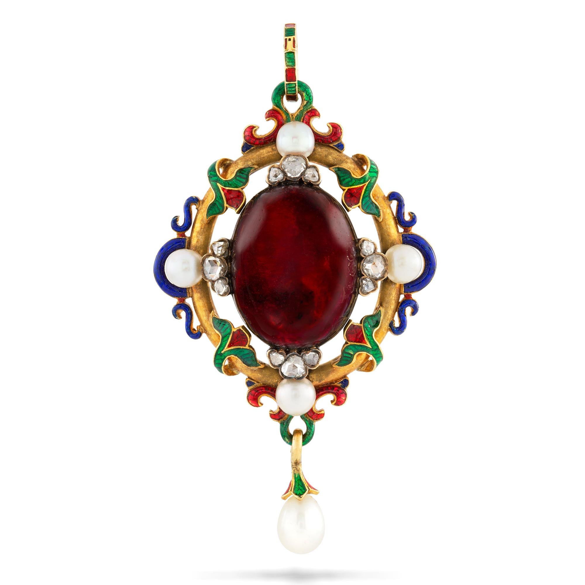 A Victorian Holbeinesque pendant, set to the centre with an oval cabochon-cut garnet, measuring approximately 14.9x19.1 mm, embellished with three rose-cut diamonds and a pearl on each side, all surrounded by a blue, red, green enamel and gold