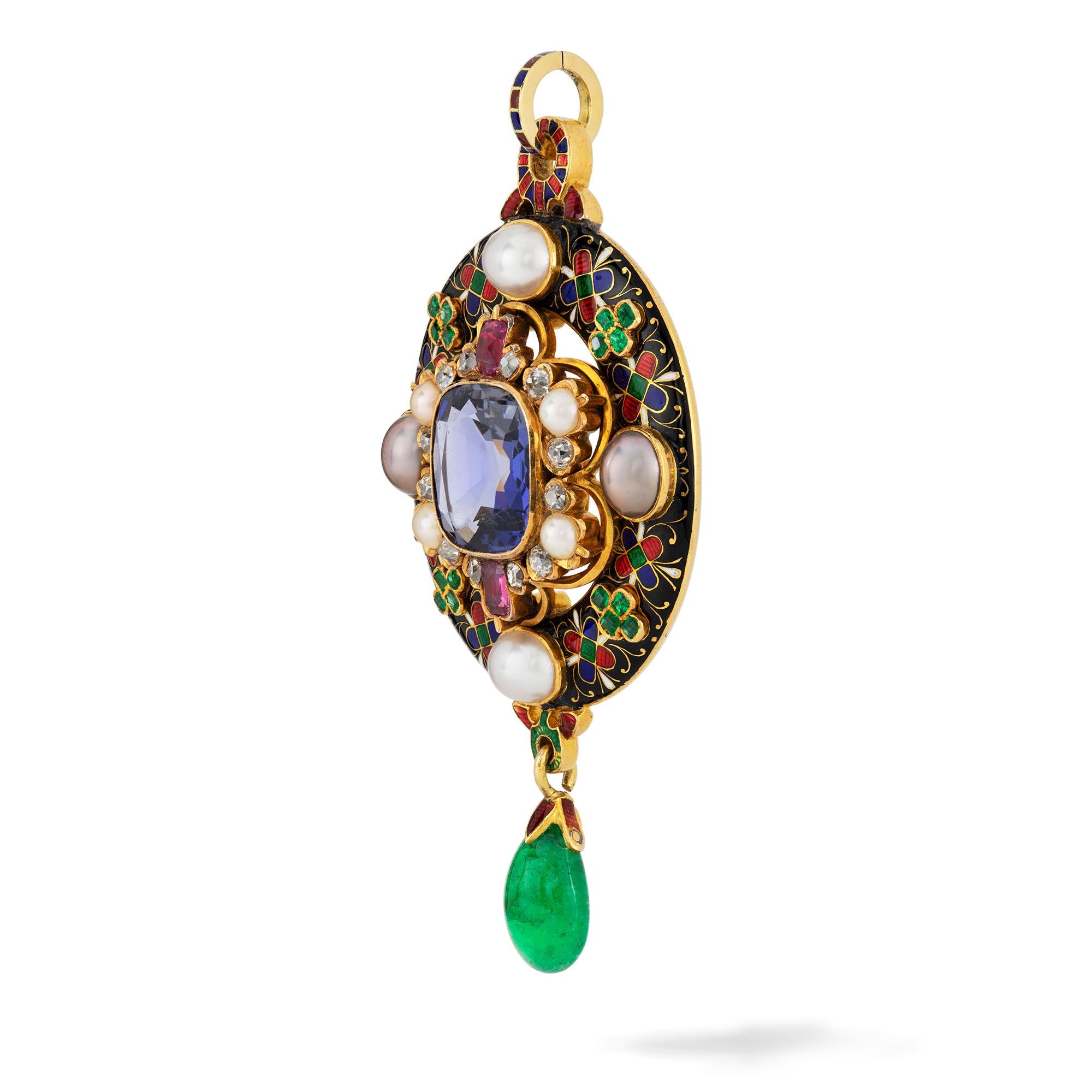 A Victorian Holbeinesque gold pendant, set to the centre with a cushion-shaped iolite measuring approximately 13x12mm within a border of two rubies, four pearls and old cushion-shaped diamonds, the frame decorated with polychrome enamel features and