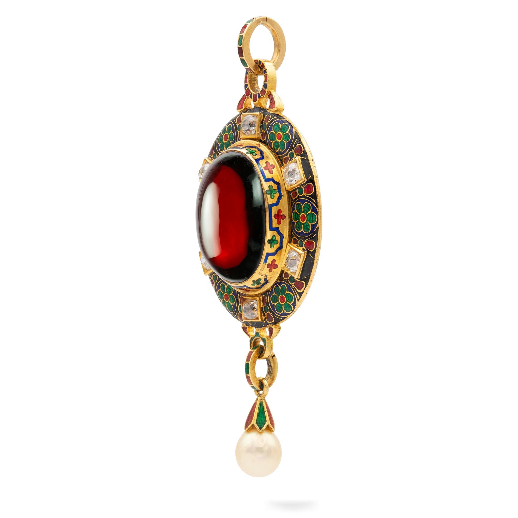 A Victorian Holbeinesque pendant, set to the centre with an oval cabochon-cut garnet measuring 18mm x 13mm, surrounded by six old brilliant-cut diamonds, set within yellow gold square collets alternating with green, blue and red enamel floral motif,
