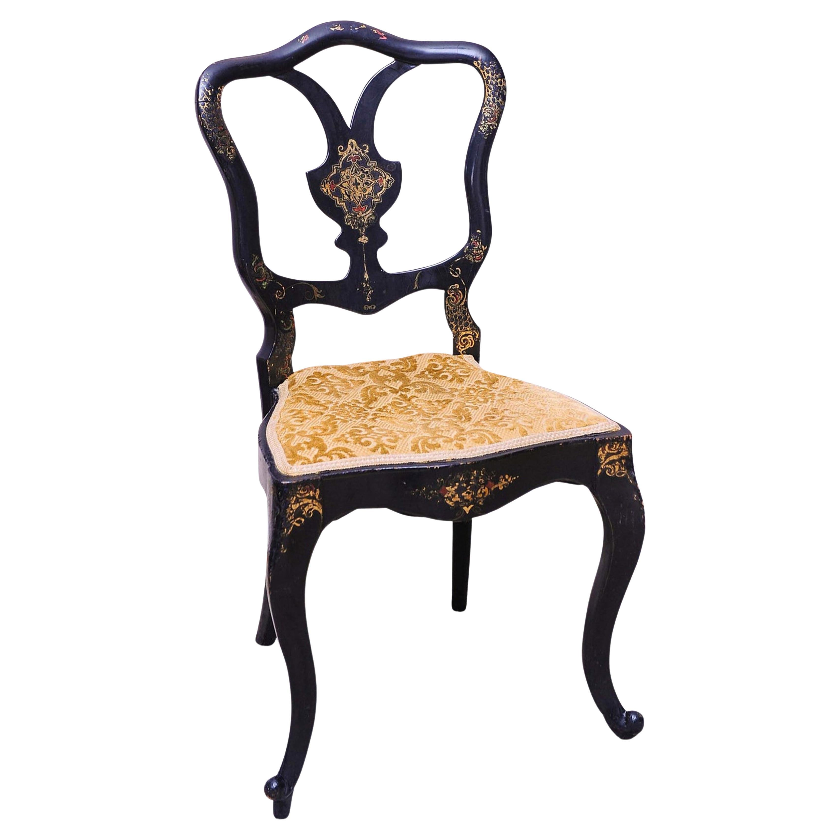 Chaise de couloir décorative victorienne Jennens & Bettridge laquée noire et dorée 