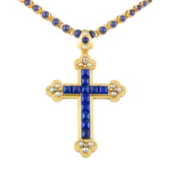 A Victorian Lapis, Half Pearl and Diamond Cross Pendant