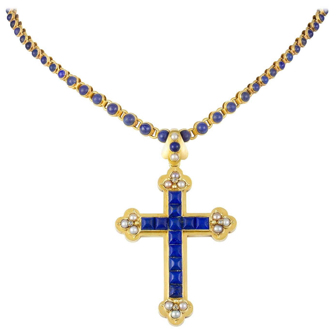 A Victorian Lapis, Half Pearl and Diamond Cross Pendant For Sale