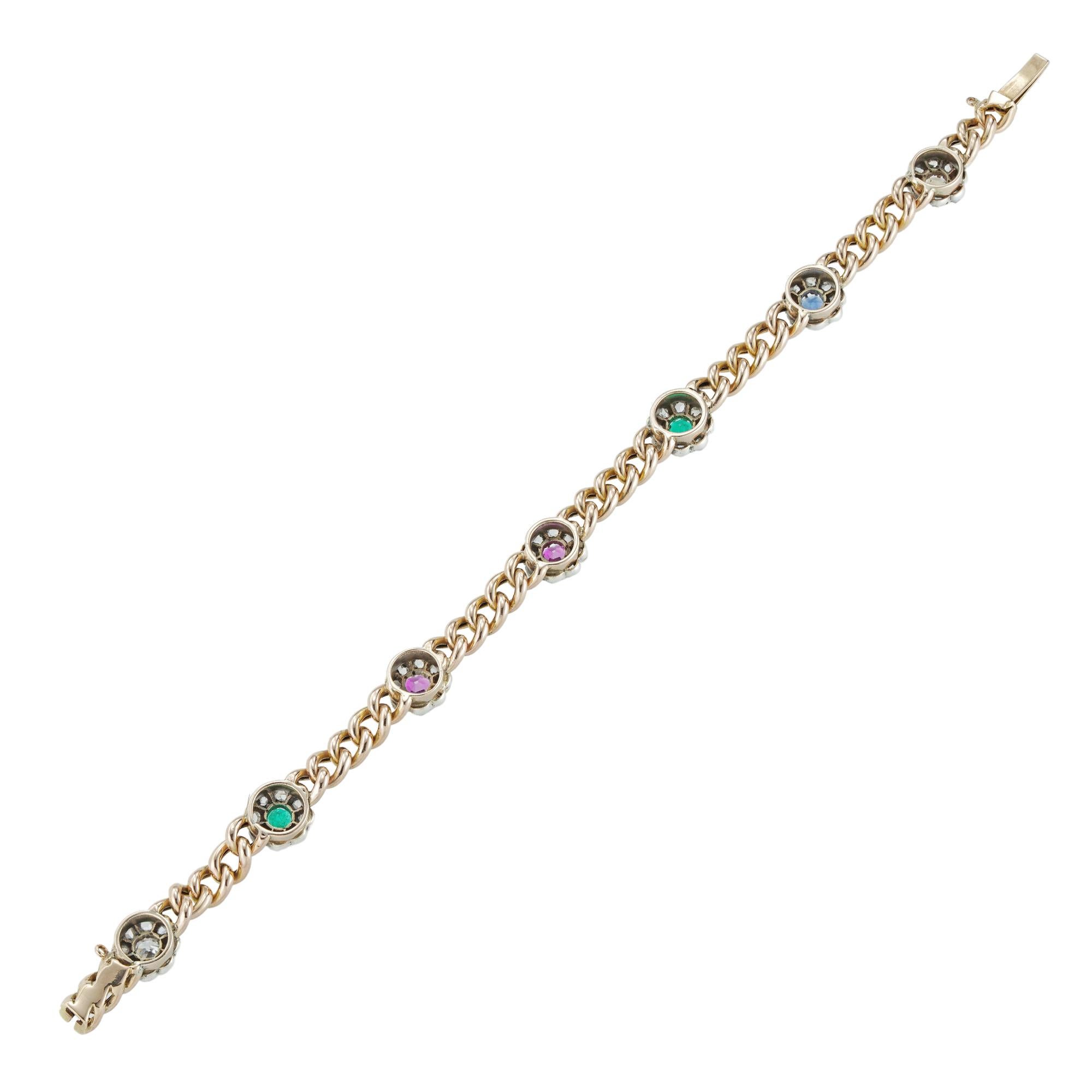 A Victorian multi-gem acrostic bracelet, consisting of seven clusters, each centrally-set with a round faceted stone, a diamond, an emerald, and amethyst, a ruby, an emerald, a sapphire and a topaz, the initial of each stone spelling the word