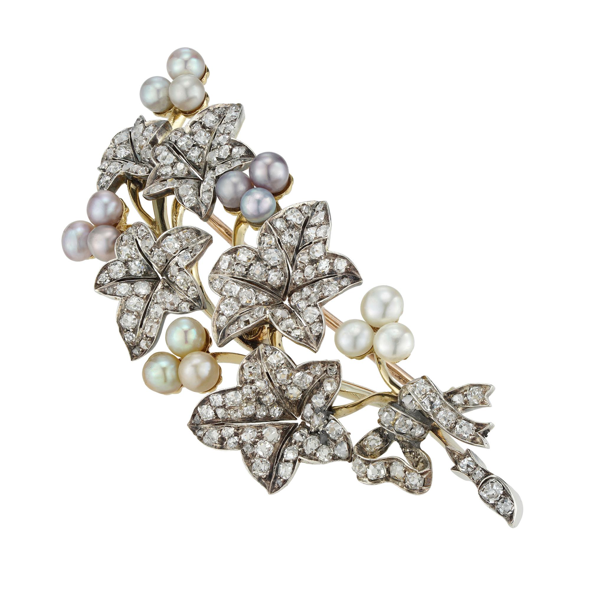 Old Mine Cut A Victorian natural pearl and diamond ivy spray brooch For Sale