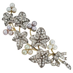Un broche victoriano de perlas naturales y diamantes con aerosol de hiedra