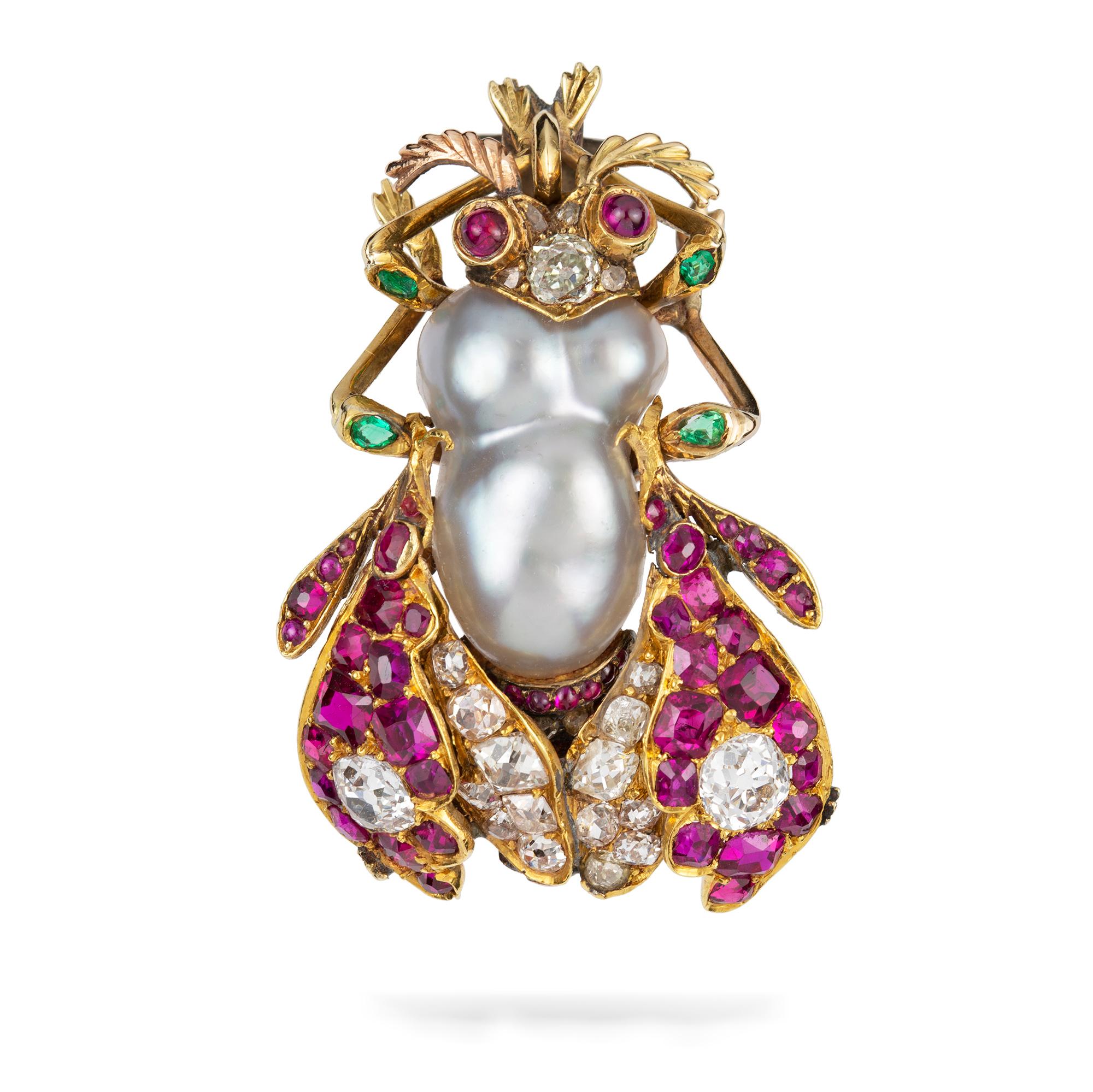 A Victorian natural pearl ruby and diamond bug brooch, the body with a baroque pearl, the legs embellished with emeralds and the wings with faceted rubies and old-cut diamonds, the head with old-cut diamonds and cabochon-cut ruby eyes, the diamonds