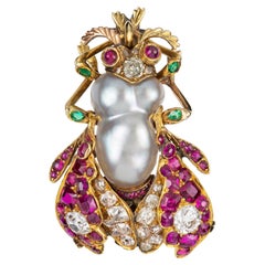 Vintage A Victorian Natural Pearl Ruby And Diamond Bug Brooch