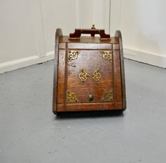Antique Victorian Oak Coal Box with Liner and Shovel, 1880