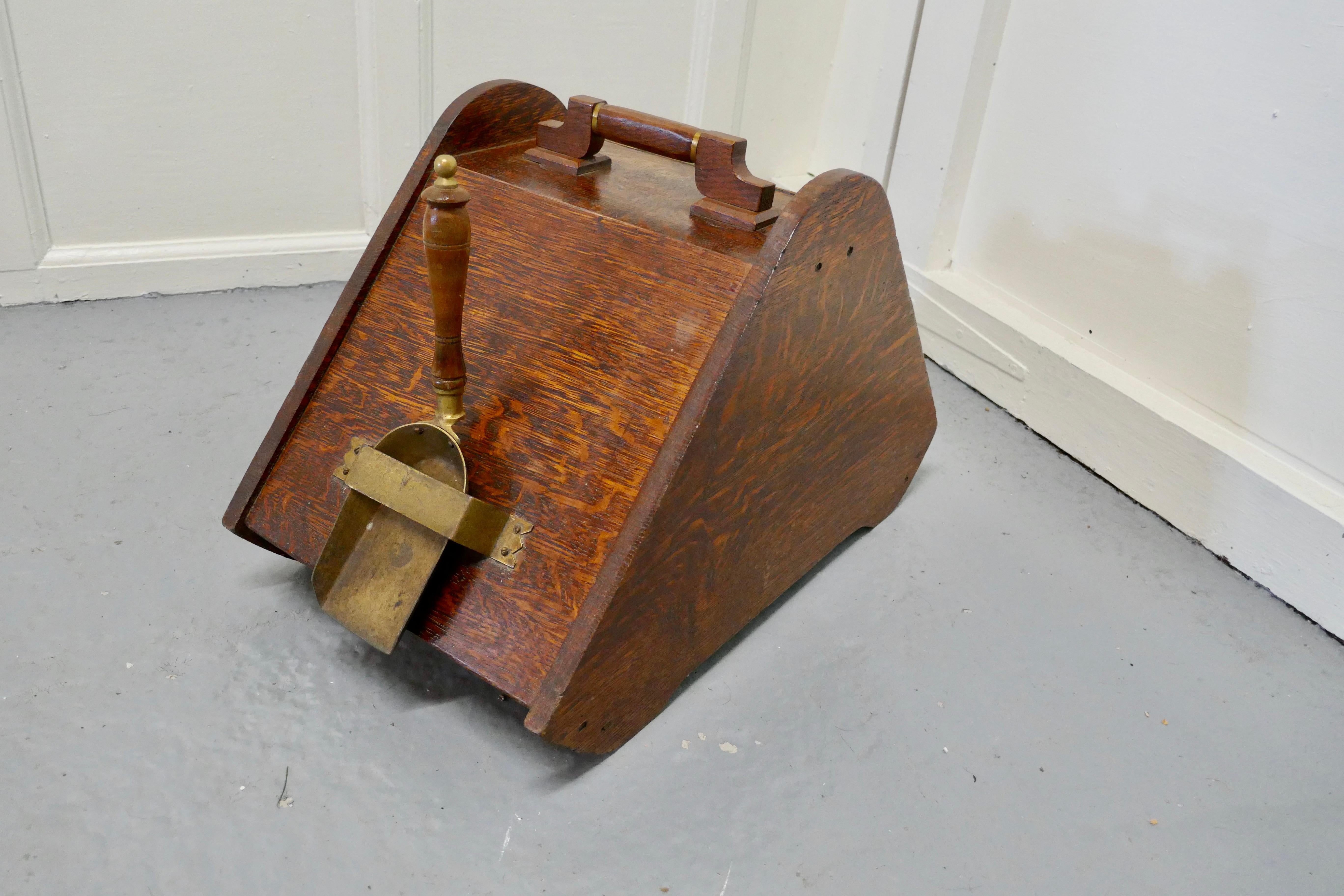 19th Century Victorian Oak Coal Box with Liner and Shovel For Sale