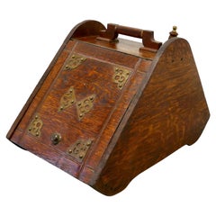 Antique Victorian Oak Coal Box with Liner and Shovel