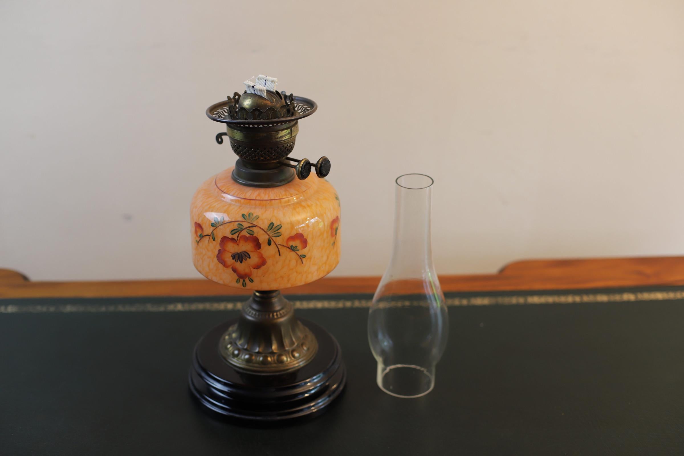 Late Victorian Victorian Oil Lamp with Orange, Opaque and Floral Patterned Reservoir For Sale