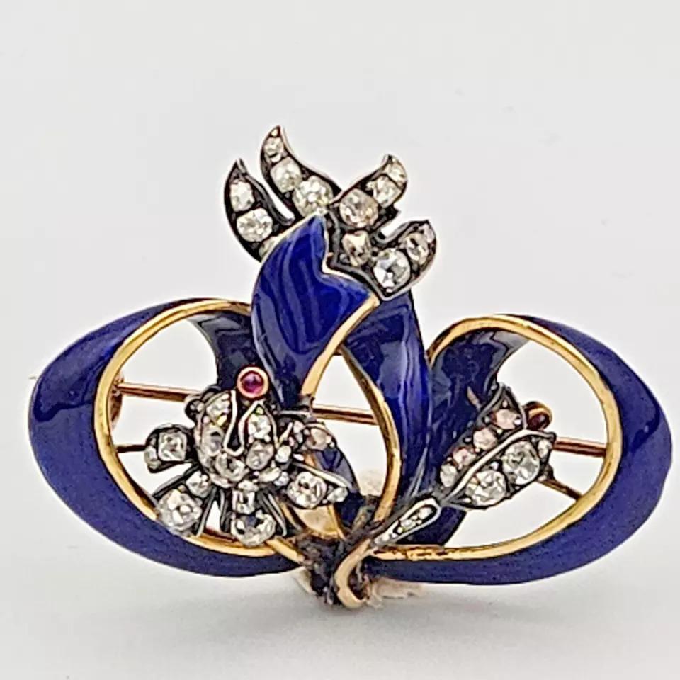 Women's or Men's A Victorian Old Cut Diamond 18k Yellow Gold Blue Enamel Flower Brooch Ca 1880's