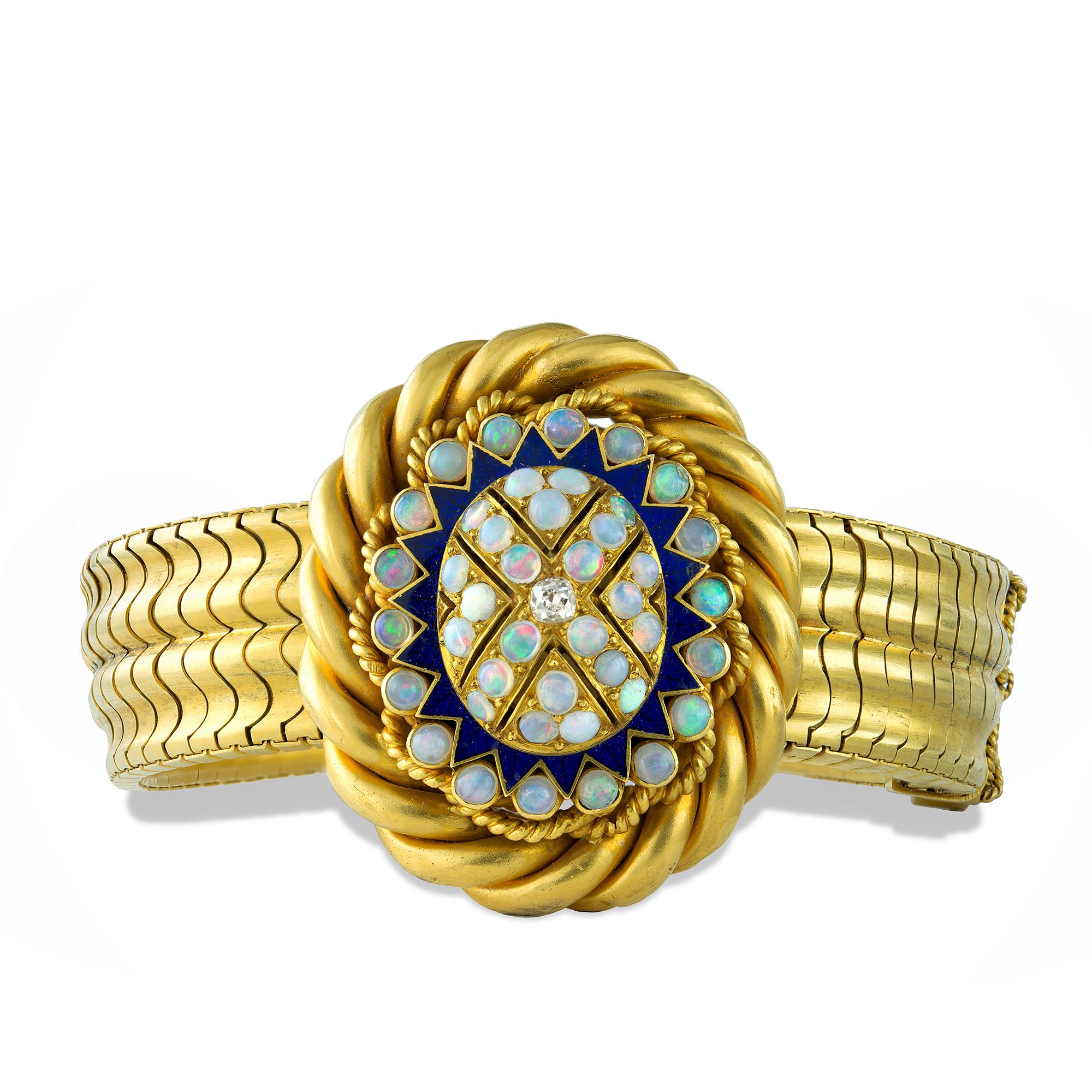 Cabochon Bracciale vittoriano con opale, smalto blu e diamanti in vendita
