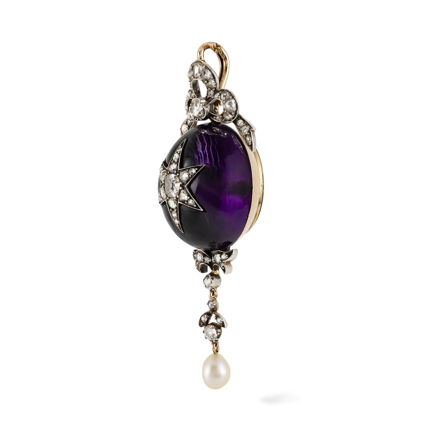 A Victorian oval-shaped amethyst and diamond pendant, the cabochon-cut amethyst with diamond-set star inlaid to the centre and rose-cut diamond encrusted drop terminating to a pear-shaped pearl, all to a yellow gold and silver mount with glass
