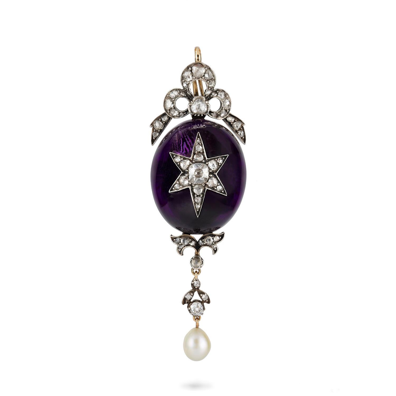 Oval Cut Victorian Oval-Shaped Amethyst and Diamond Pendant For Sale