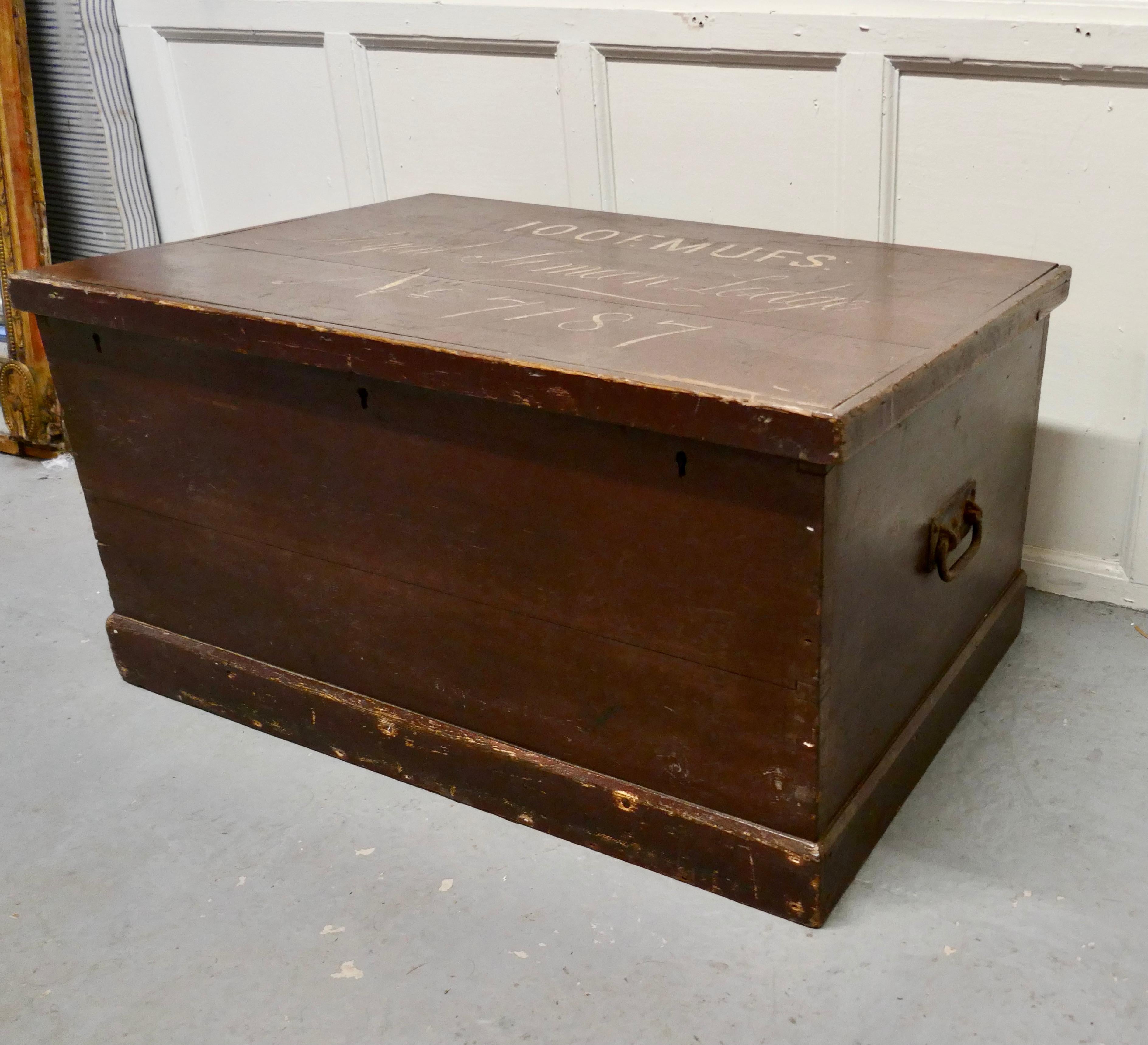 A Victorian painted masonic pine chest

This is a best quality box, it has an original painted finish with the Loge details painted in script on the top 

The interior is clean, the box is in good used condition blacksmith made strap hinges and