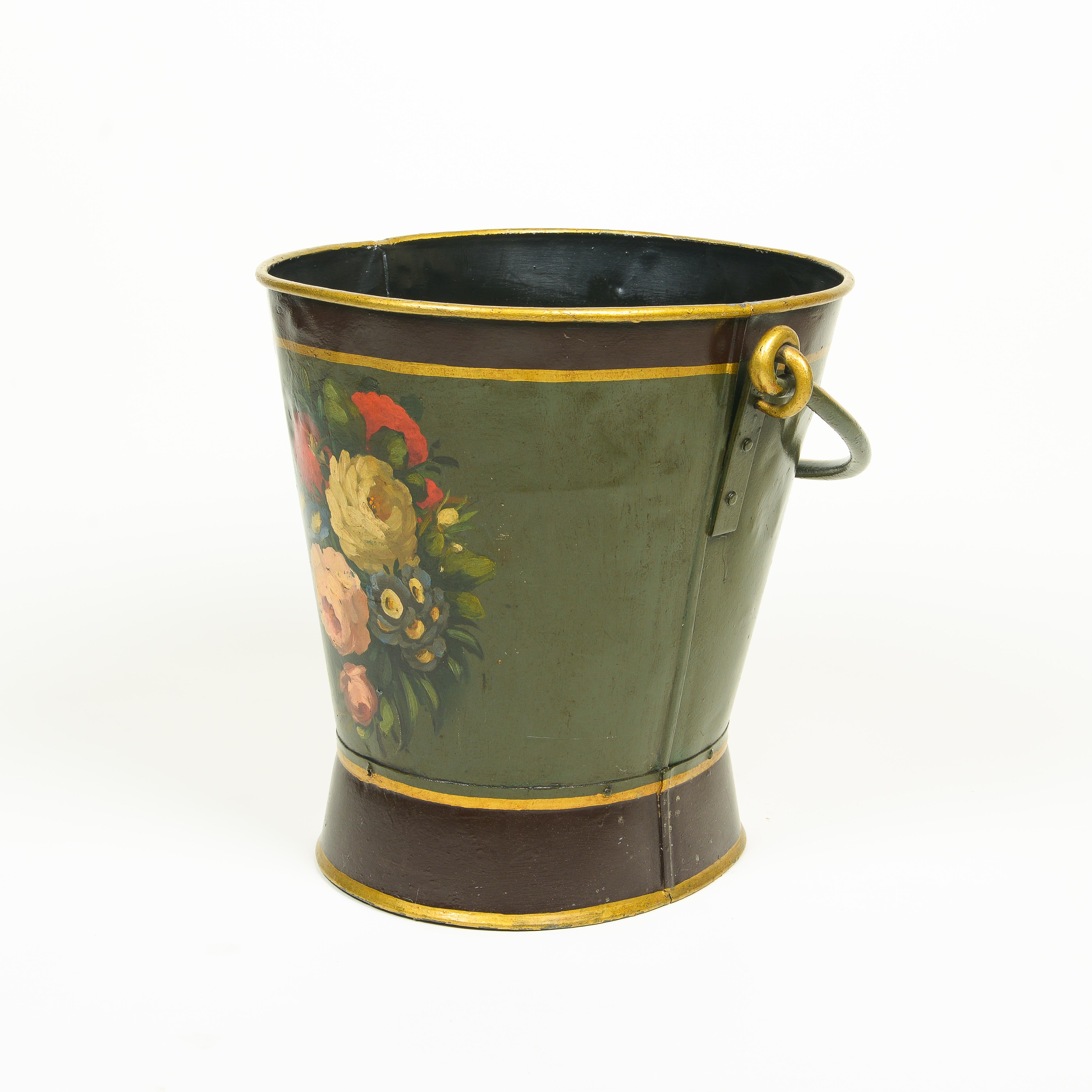 Hand-Painted A Victorian Painted Metal Coal Bin with Carrying Handles For Sale