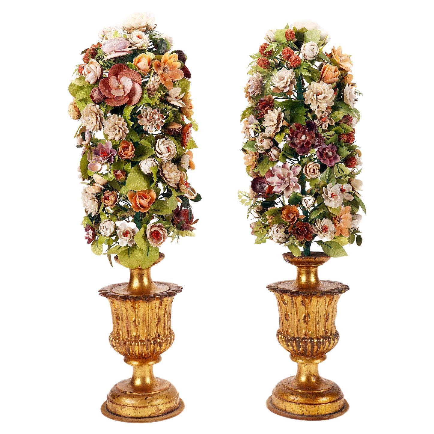 A Victorian pair of shell and coral floral arrangements, circa 1880.  For Sale