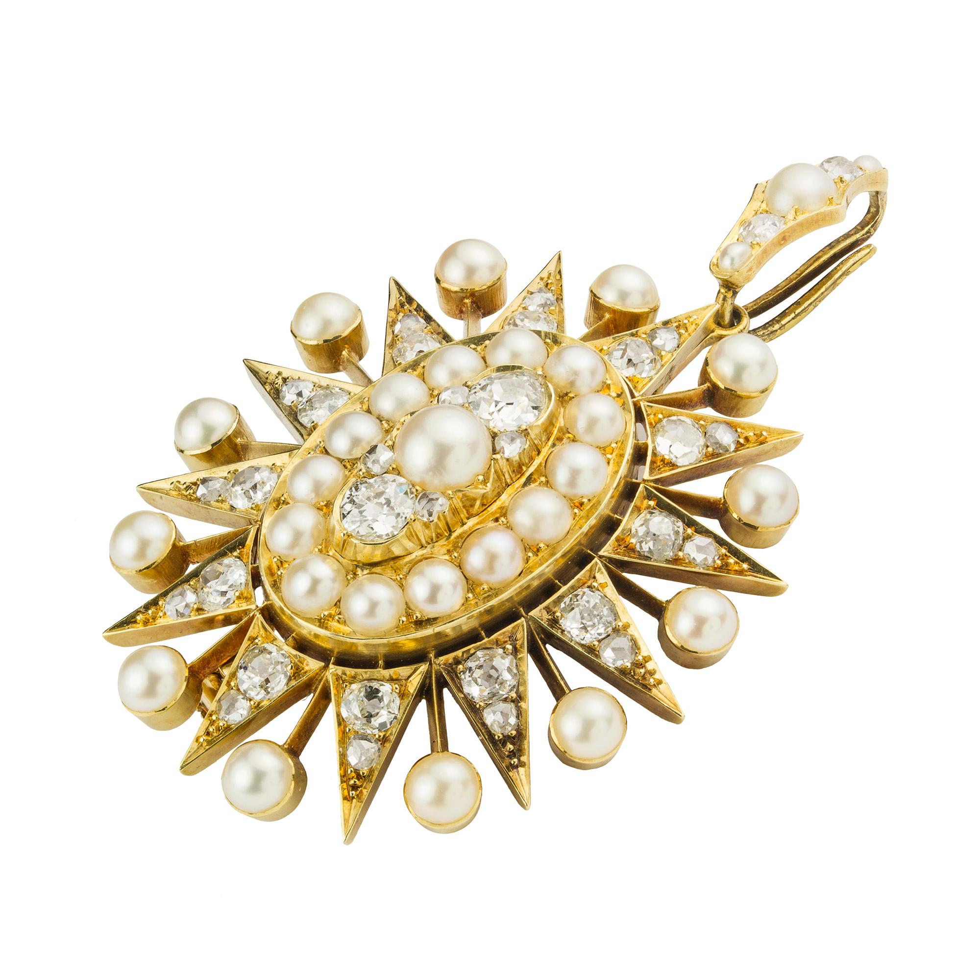 Eine viktorianische Perlen- und Diamantbrosche mit ovalem Sternanhänger, die zentrale Halbperle mit einem Paar Diamanten im Alt- und Rosenschliff, umgeben von einer Reihe von Halbperlen, umrahmt von abwechselnden Strahlen aus Diamanten und Perlen,