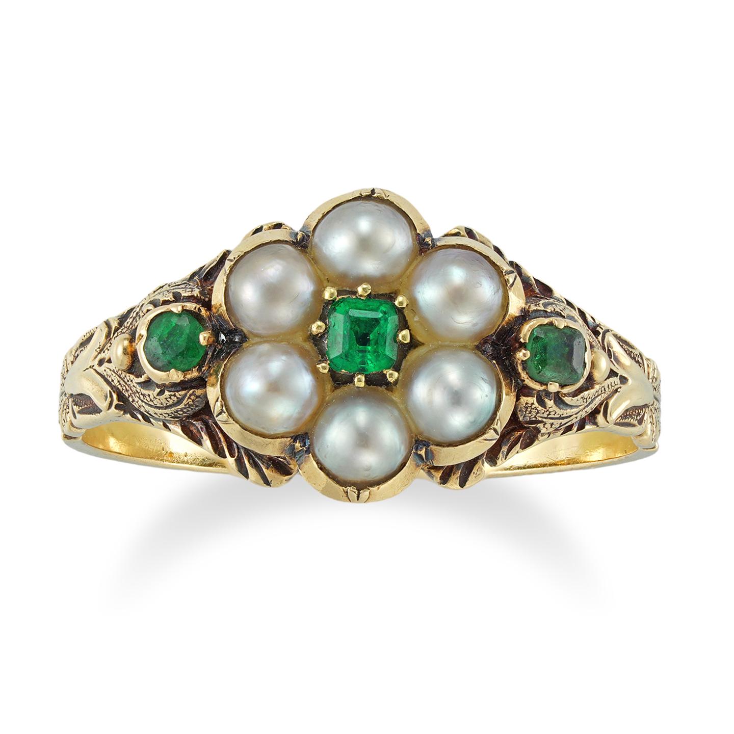 Emerald Cut Victorian Pearl and Emerald Mourning Ring