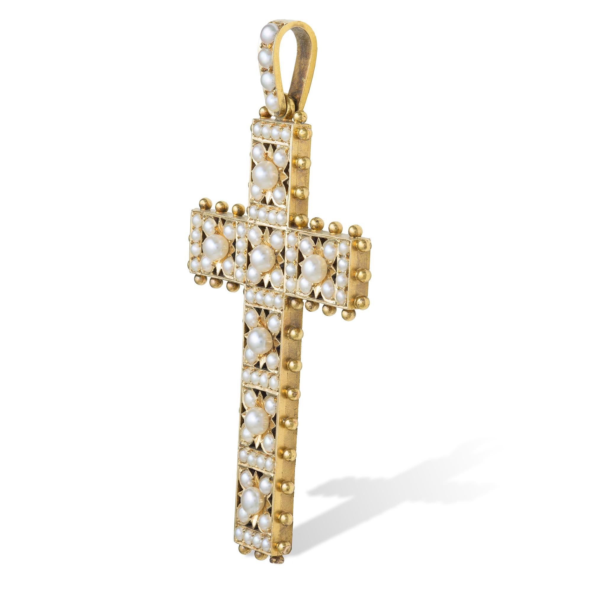 A Victorian pearl and yellow gold cross pendant, the openwork pendant in the form of a Latin cross, set throughout with natural half-pearls and embellished with yellow gold beaded decoration, to a yellow gold mount and pearl-set loop, circa 1870,