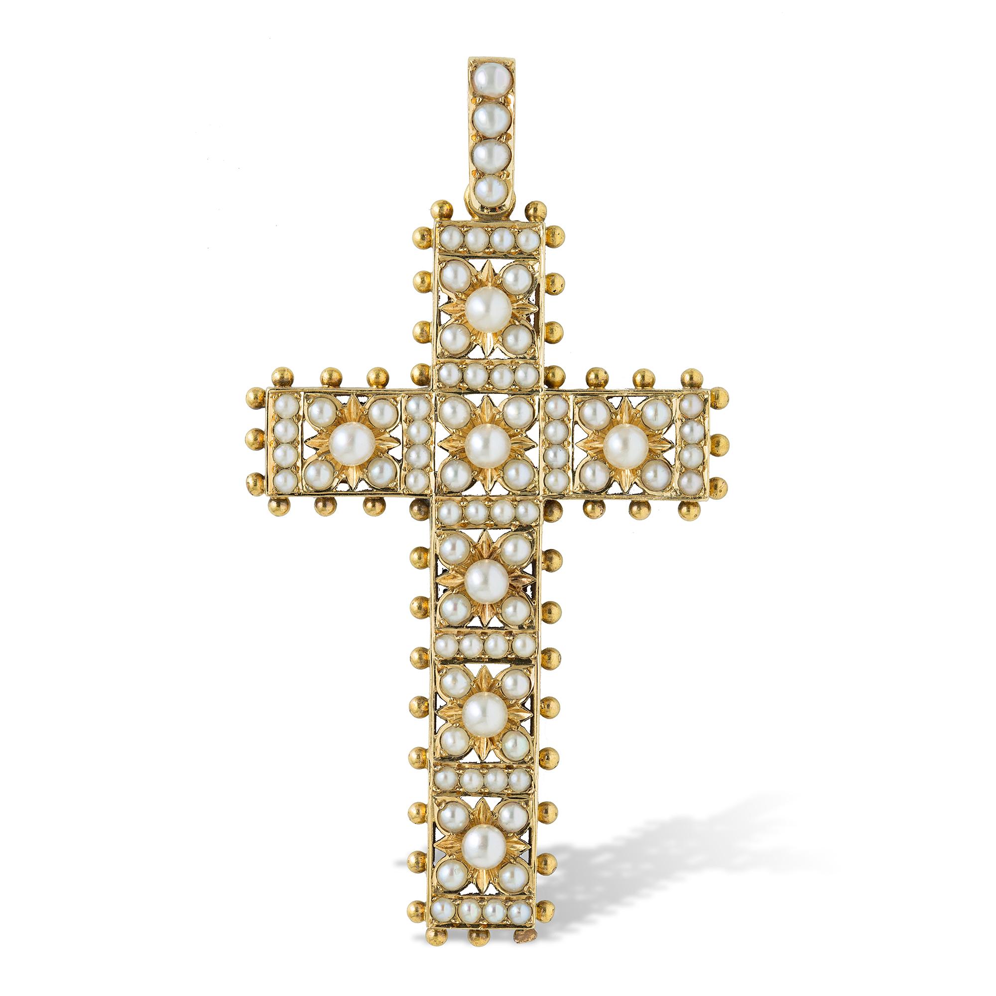 Round Cut Victorian Pearl and Yellow Gold Cross Pendant For Sale