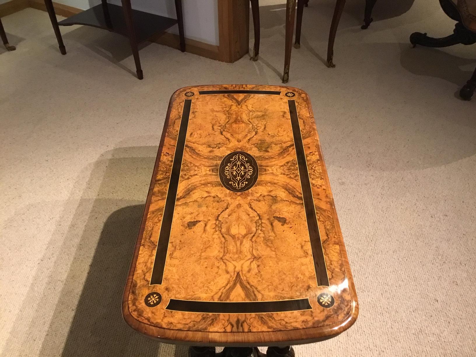 Victorian Period Burr Walnut and Ebony Inlaid Antique Coffee Table In Excellent Condition In Darwen, GB
