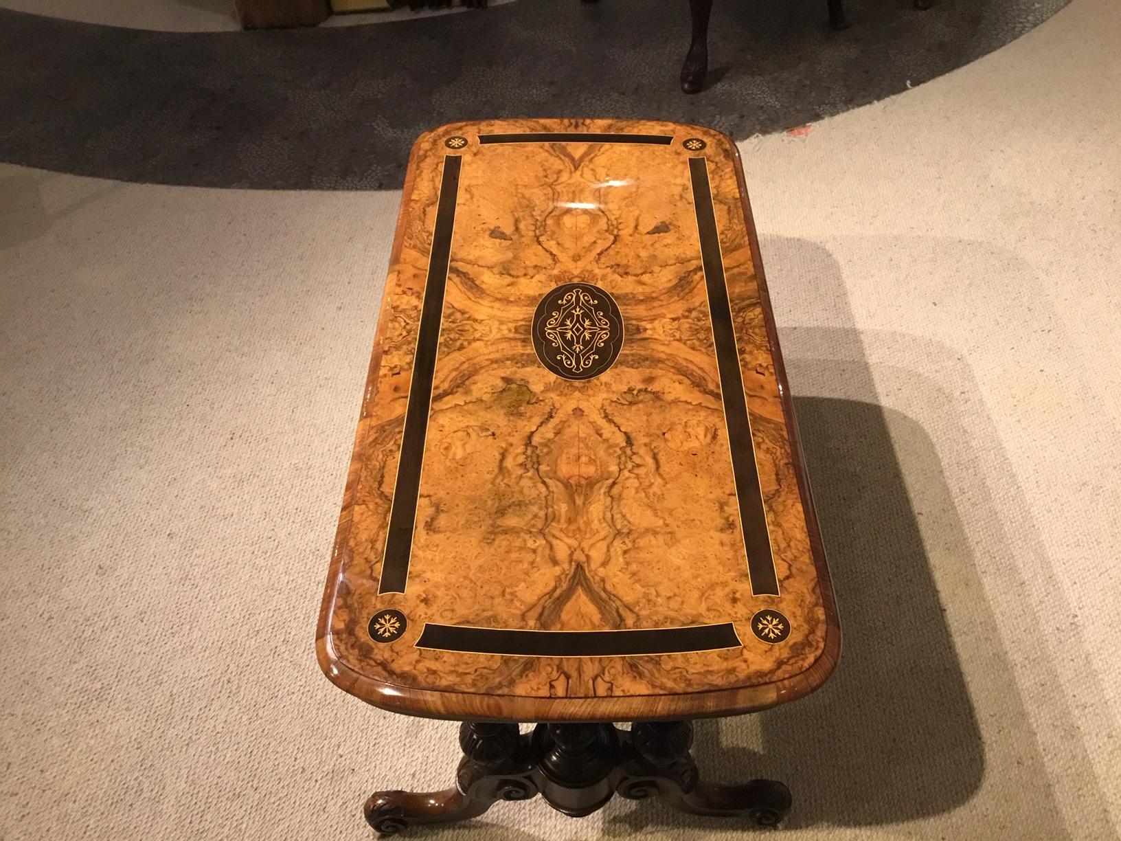 Late 19th Century Victorian Period Burr Walnut and Ebony Inlaid Antique Coffee Table