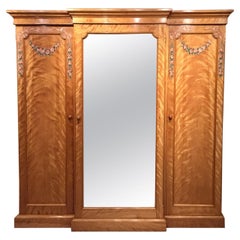 Victorian Period Satin Birch Breakfront Wardrobe