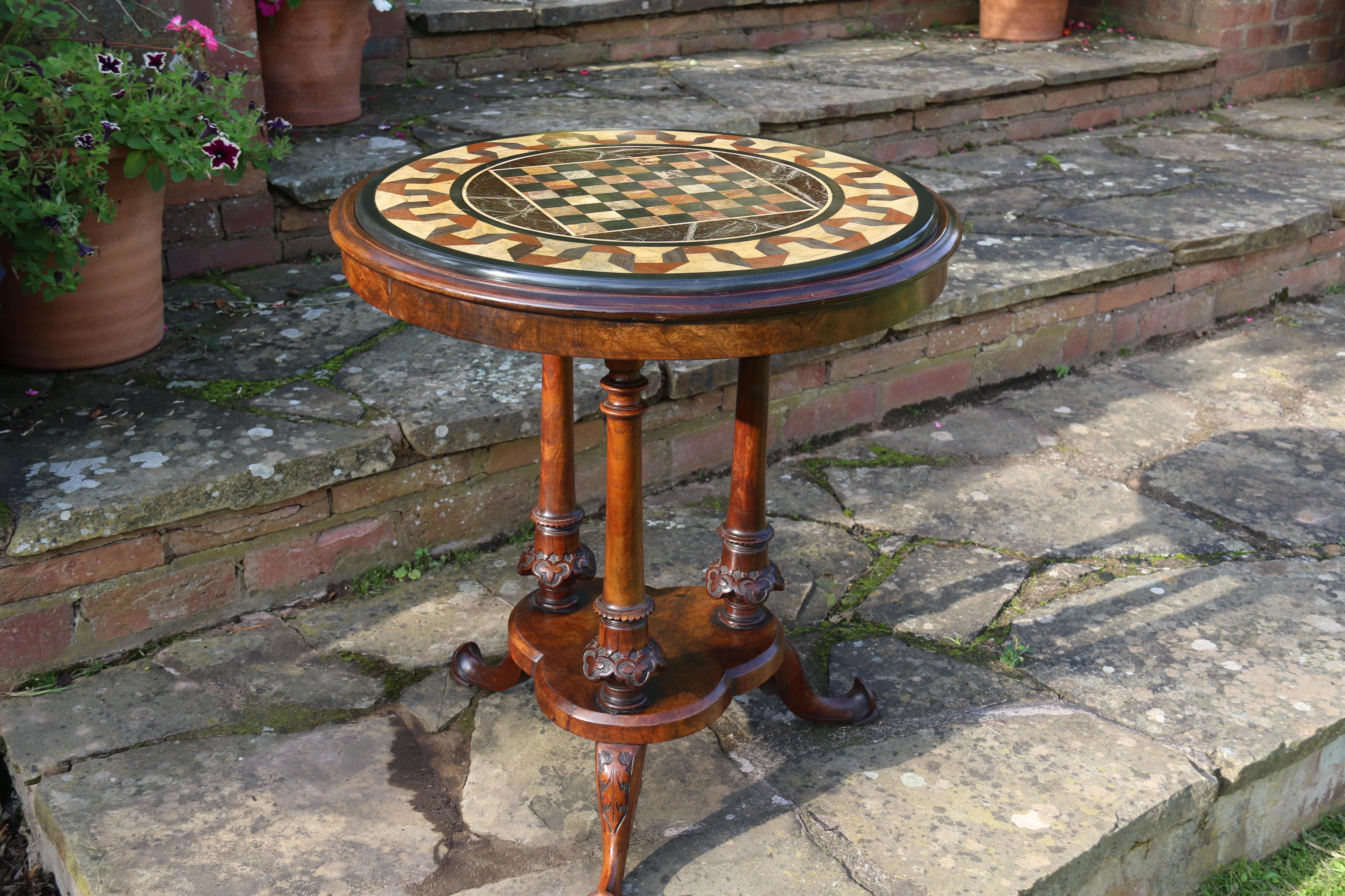 British A Victorian pietra dura specimen marble topped walnut occasional/games table For Sale