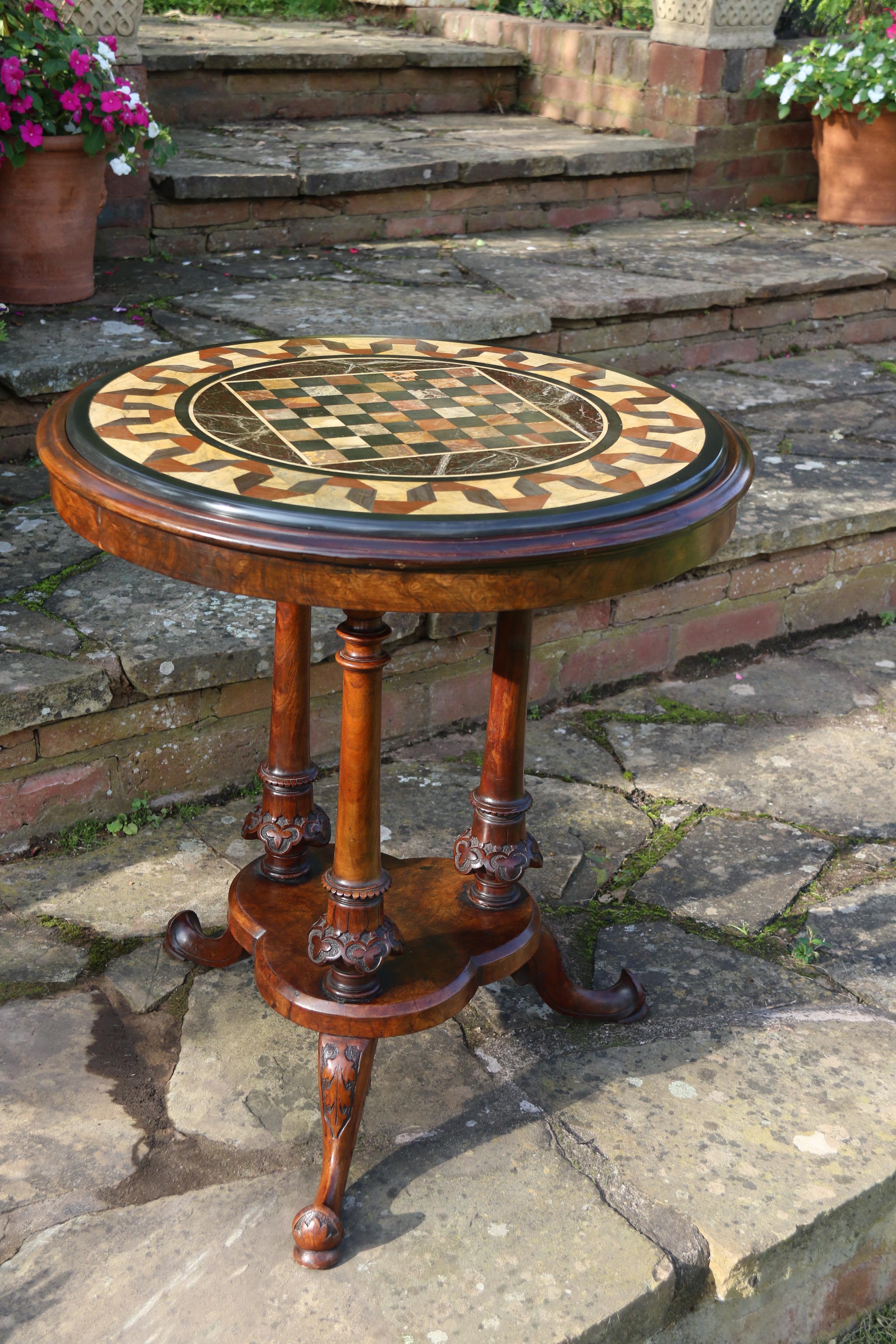 A Victorian pietra dura specimen marble topped walnut occasional/games table In Good Condition For Sale In Central England, GB