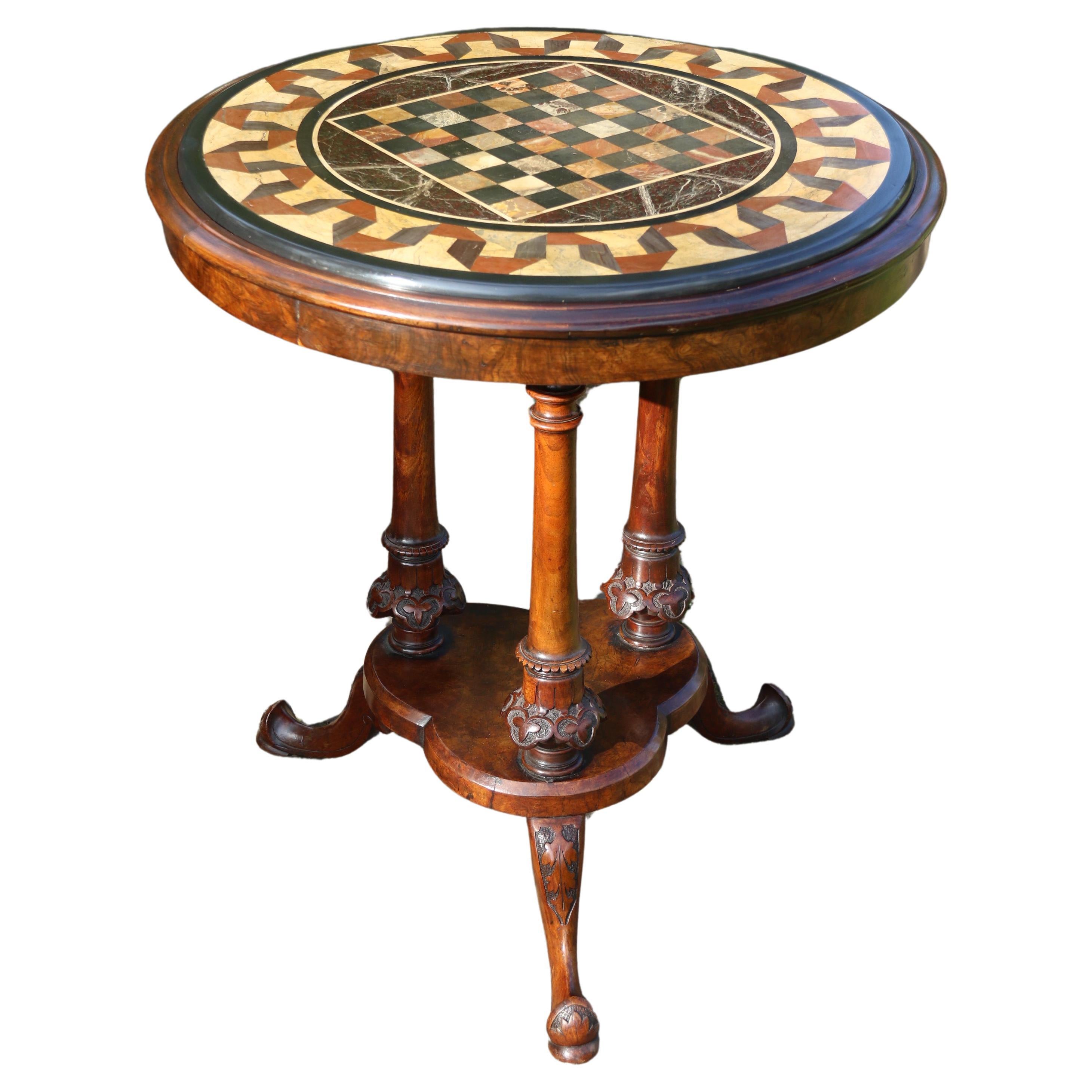 A Victorian pietra dura specimen marble topped walnut occasional/games table For Sale