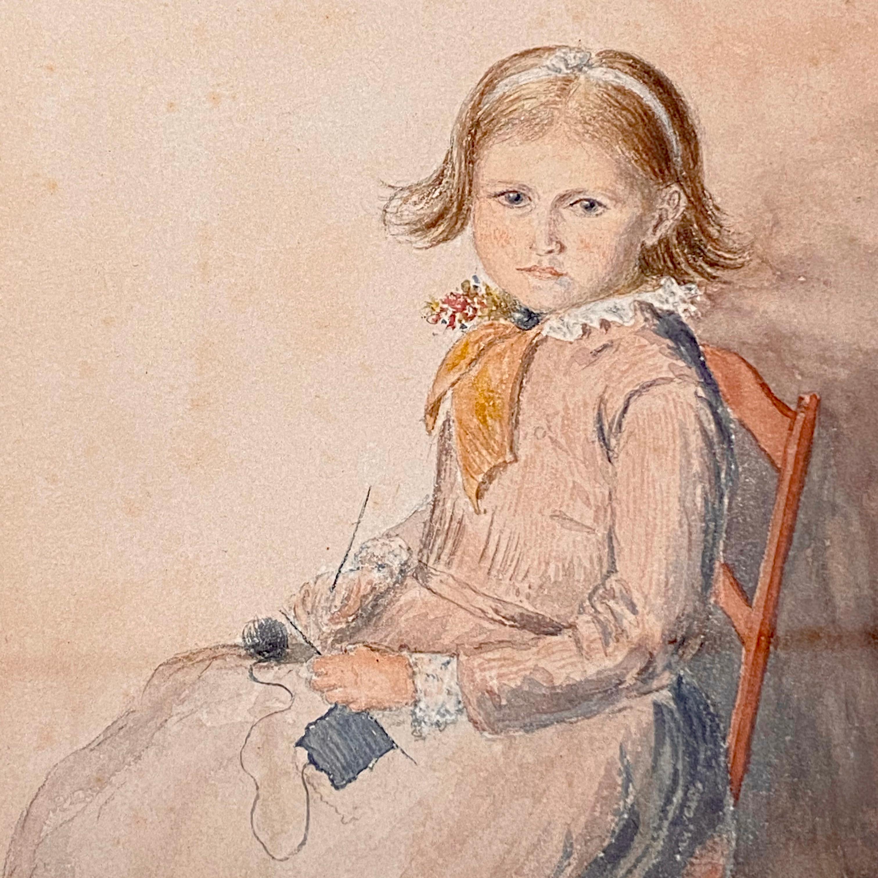 A very nice Victorian watercolor of a young child seated on a chair knitting. The face is especially well executed. Monogramed A H R and dated August 22nd 1888. Glazed and set in a nice ebonised and gilt frame. Apologies for the various lines and