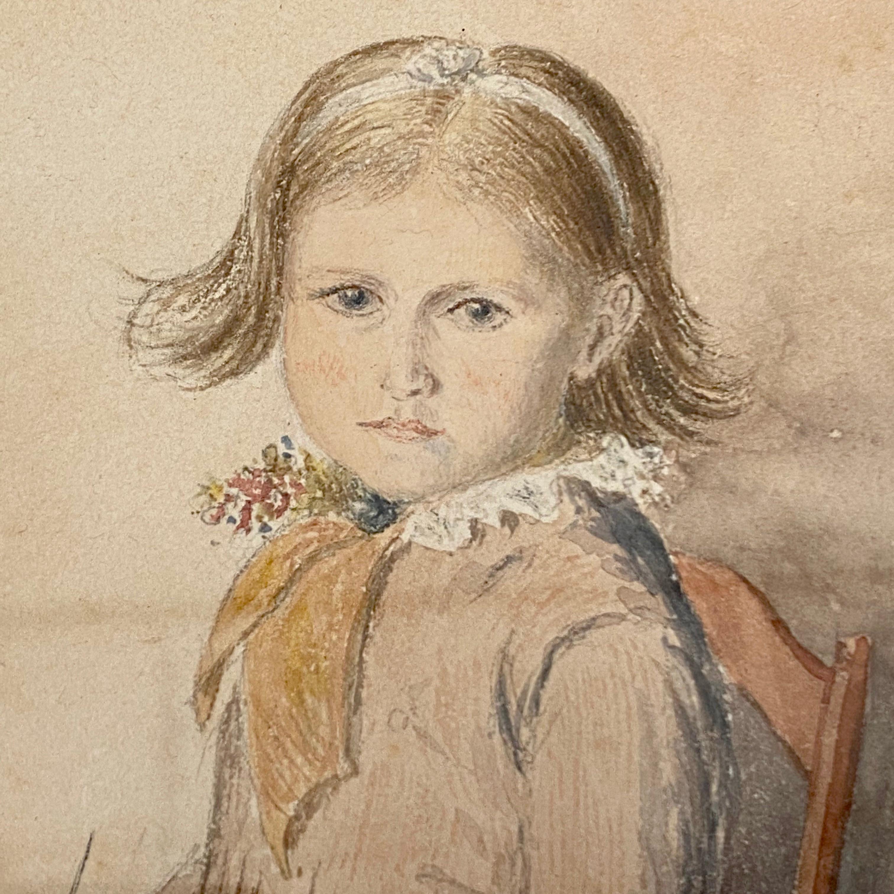 Wood Victorian Portrait of a Seated Young Girl Knitting
