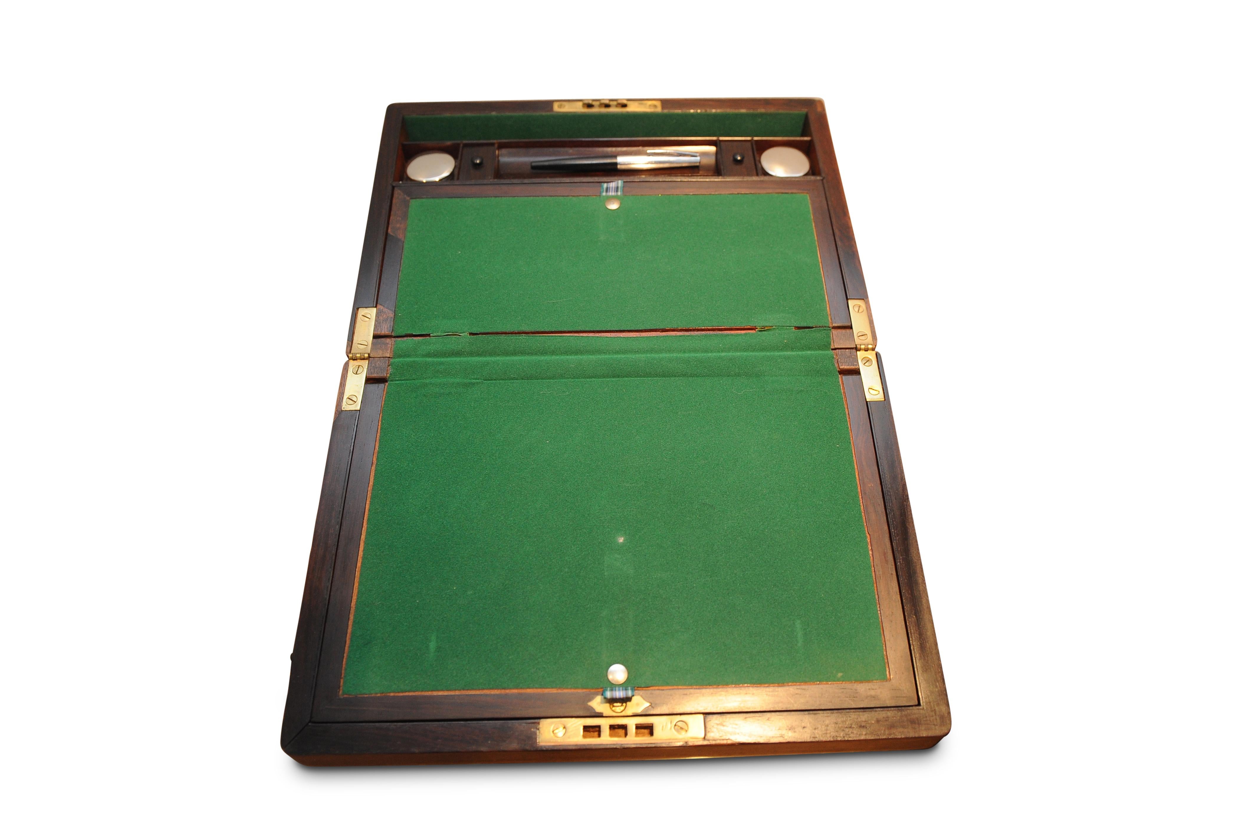 Campaign Victorian Rosewood and Mother of Pearl Inlay Writing Slope with Baize and Extras For Sale