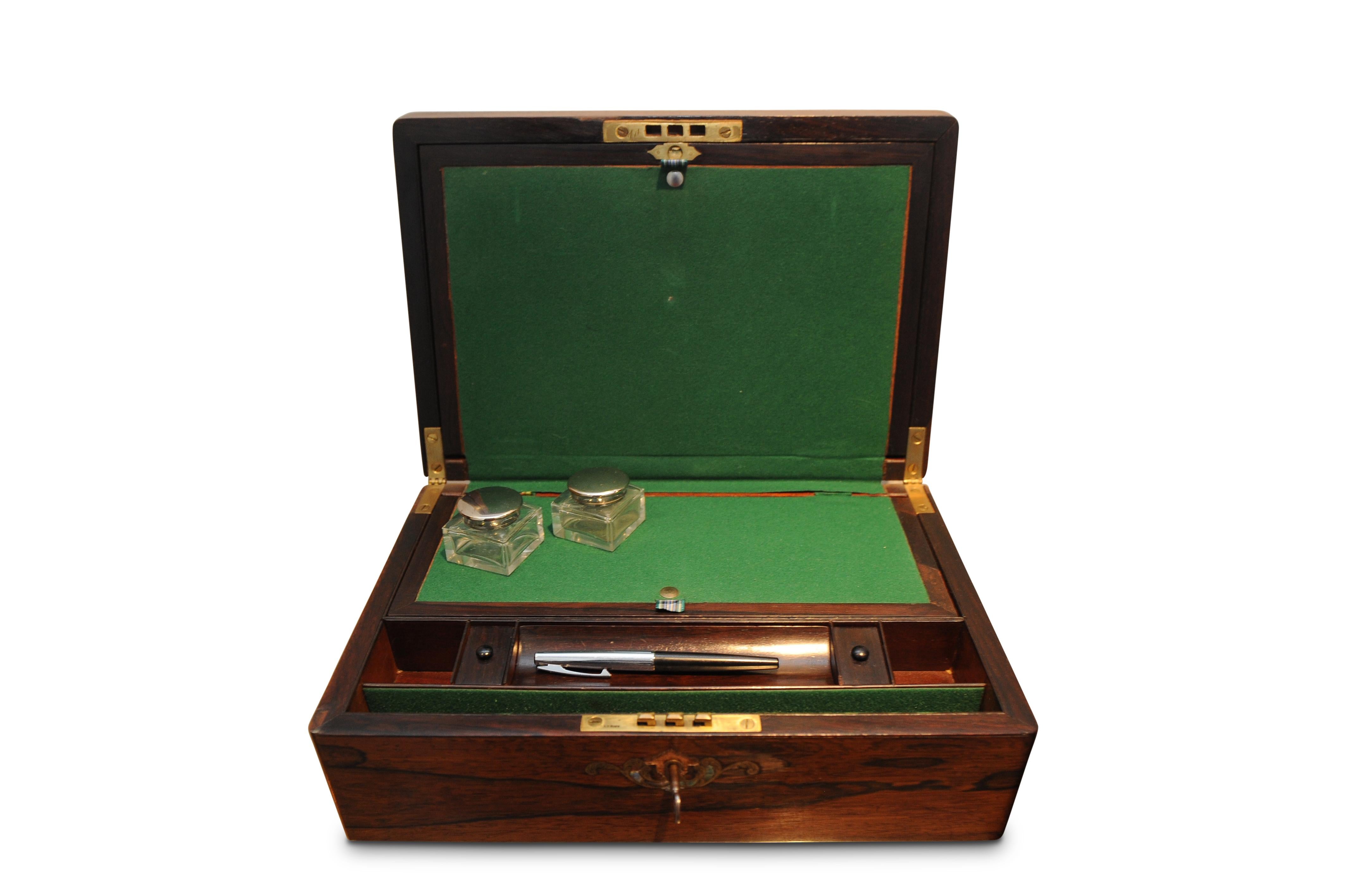 English Victorian Rosewood and Mother of Pearl Inlay Writing Slope with Baize and Extras For Sale