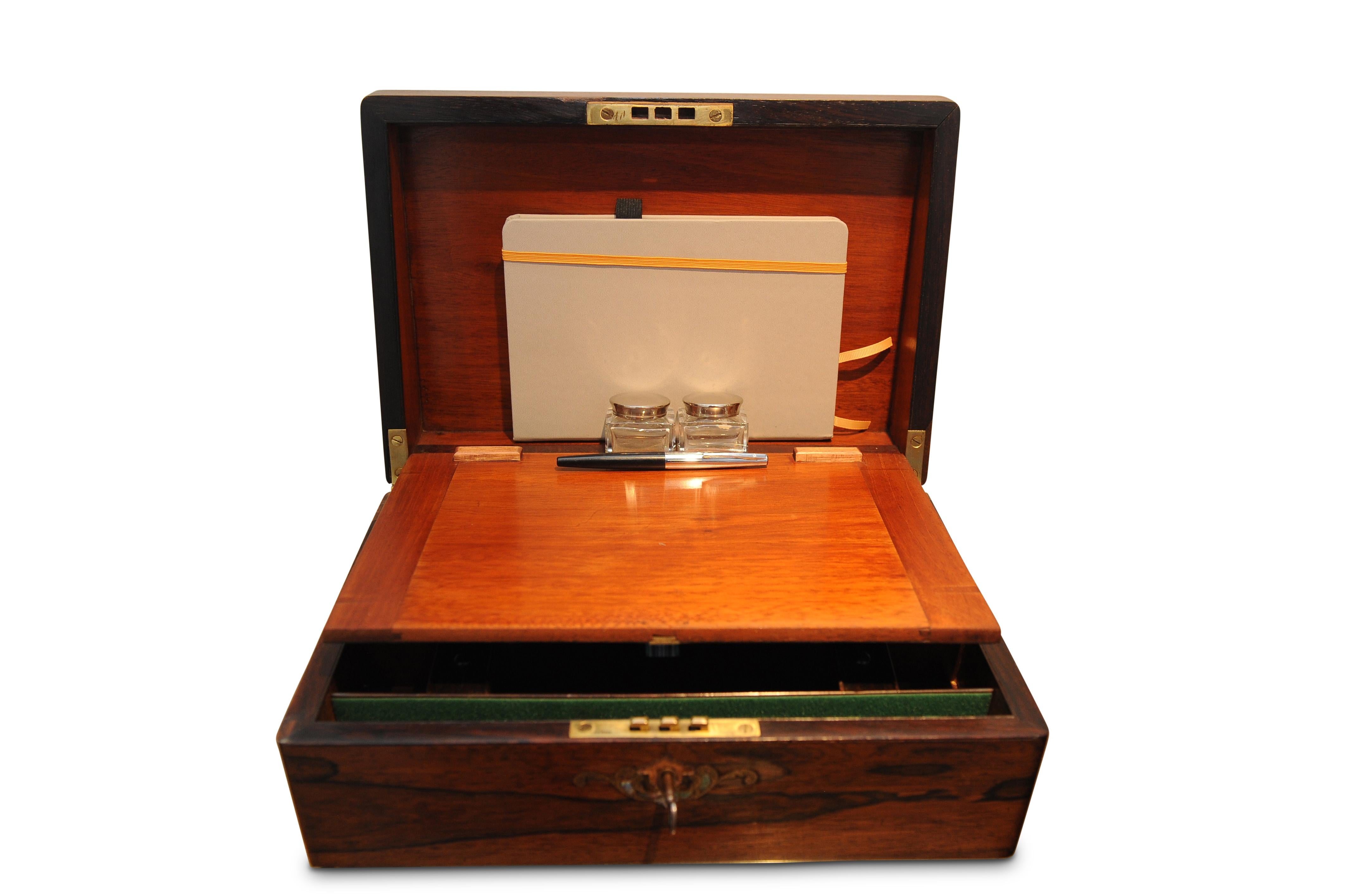 Hand-Crafted Victorian Rosewood and Mother of Pearl Inlay Writing Slope with Baize and Extras For Sale