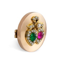 Victorian Round Gold Brooch with Gem-Set Twin Heart Motif