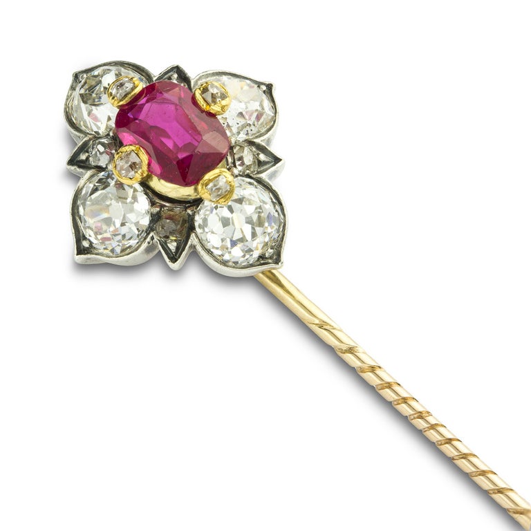 Late Victorian Victorian Ruby and Diamond Cluster Stick Pin