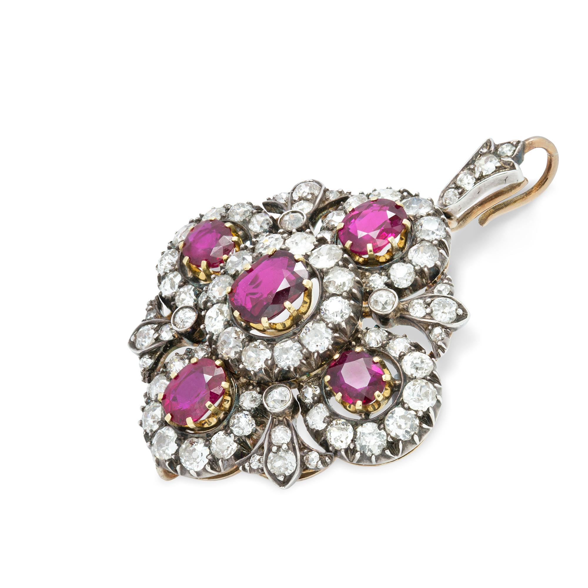 A Victorian ruby and diamond cross pendant brooch, the central cushion-cut ruby weighing 1.02 carats, surrounded by a cluster of old-cut diamonds, the arms set with four oval faceted rubies with total weight of 3.11 carats, all surrounded by old-cut