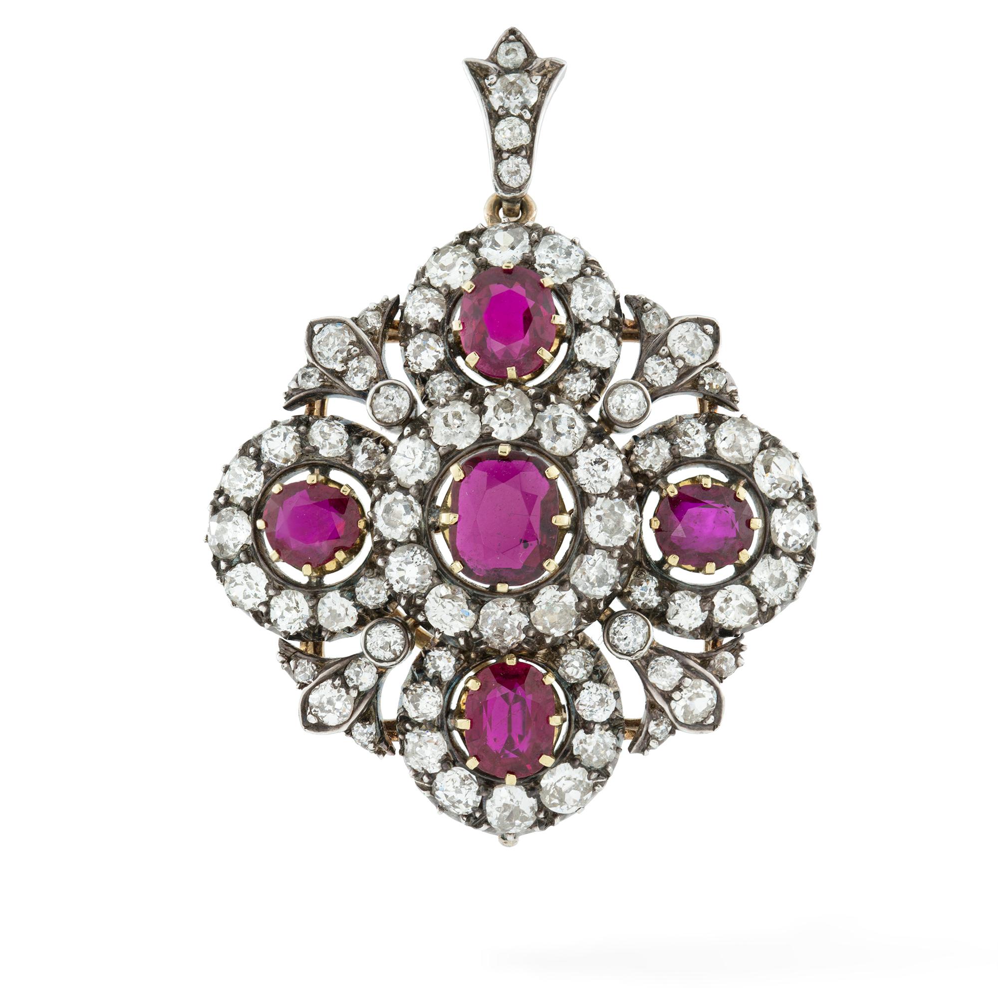Antique Cushion Cut Victorian Ruby and Diamond Cross Pendant Brooch For Sale