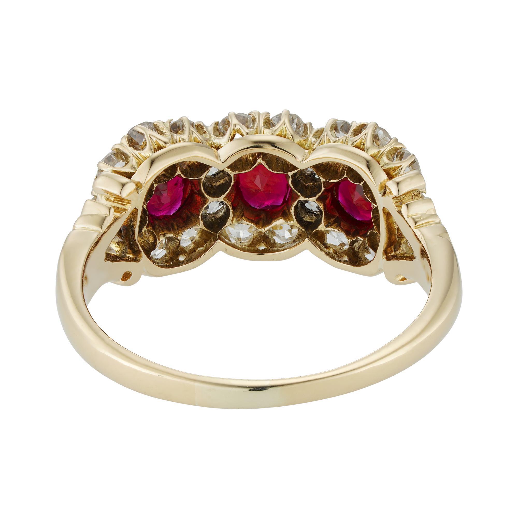 Late Victorian Victorian Ruby and Diamond Triple Cluster Ring