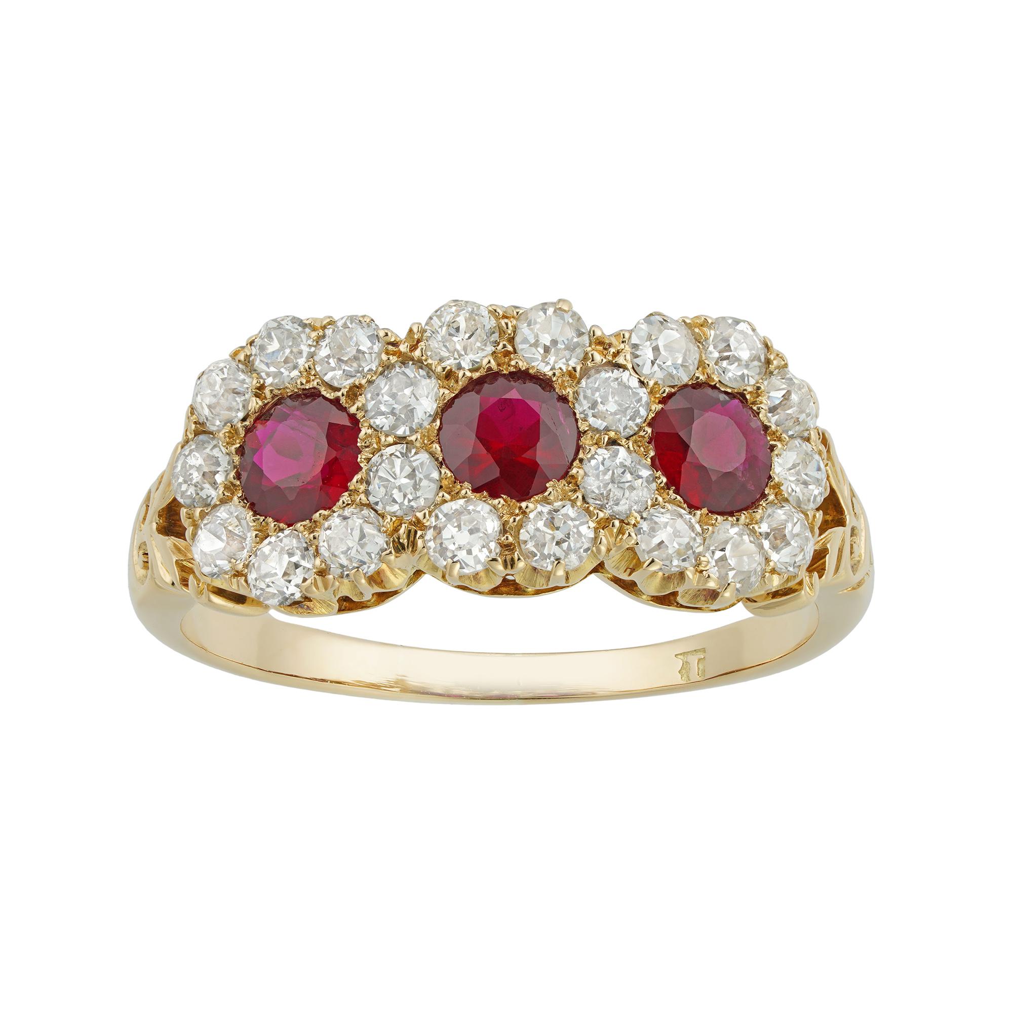 Antique Cushion Cut Victorian Ruby and Diamond Triple Cluster Ring